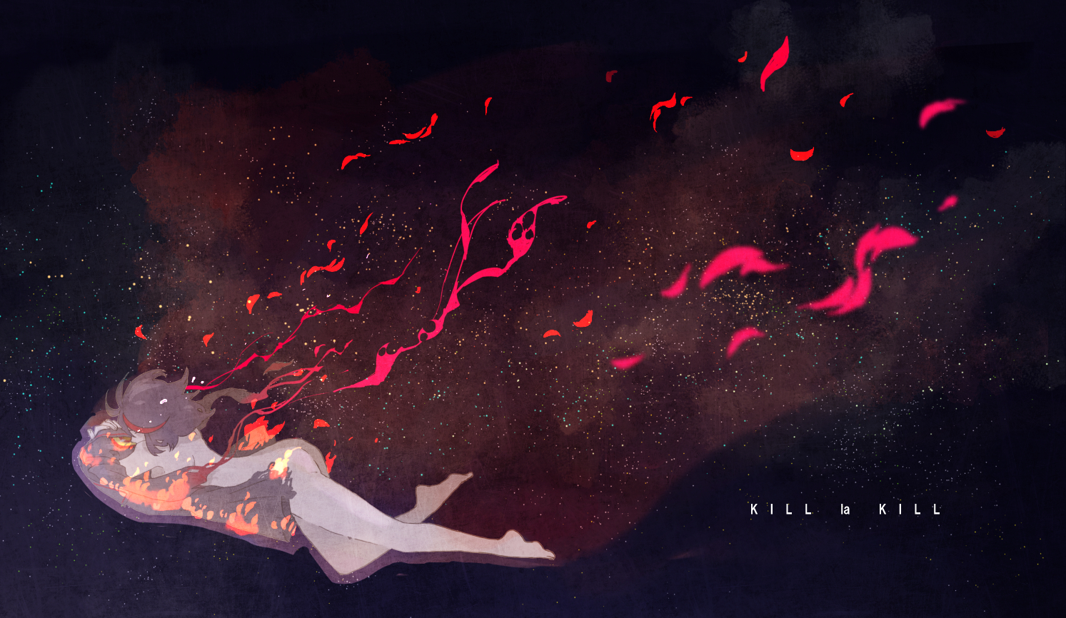 barefoot, black, black_hair, fire, kill_la_kill, kurohal, matoi_ryuuko, nude, senketsu, short_hair, stars
