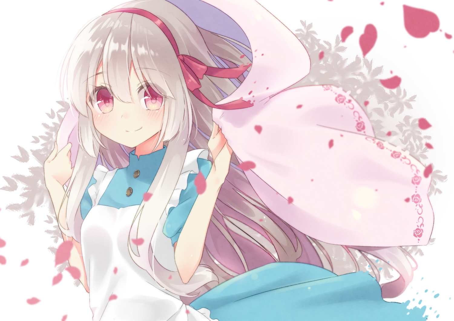 headband, kagerou_project, kozakura_mary, long_hair, petals, pink_eyes, tika_(mika4975), white_hair