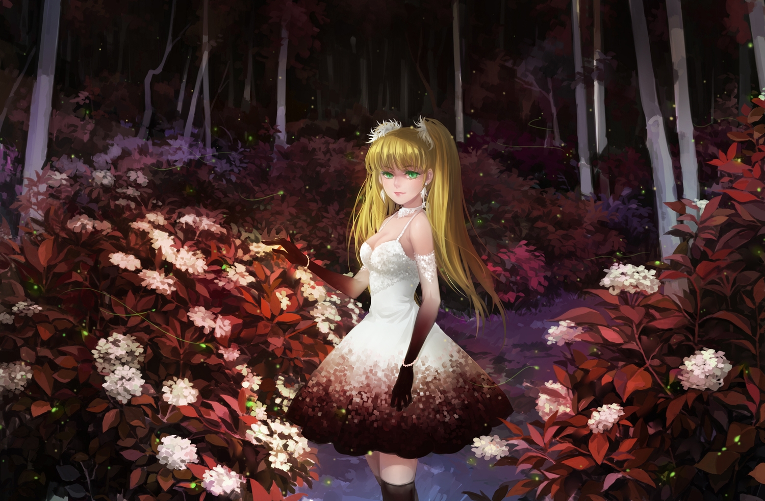 blonde_hair, dress, elbow_gloves, flowers, forest, gloves, green_eyes, huazha01