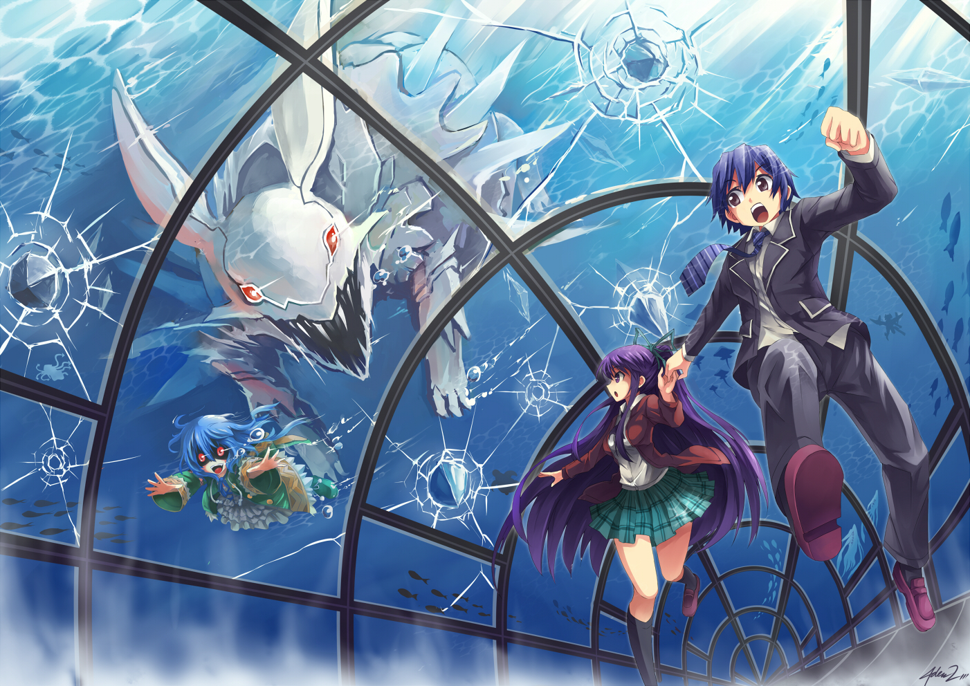 blue_hair, date_a_live, itsuka_shidou, mystic-san, purple_eyes, purple_hair, red_eyes, school_uniform