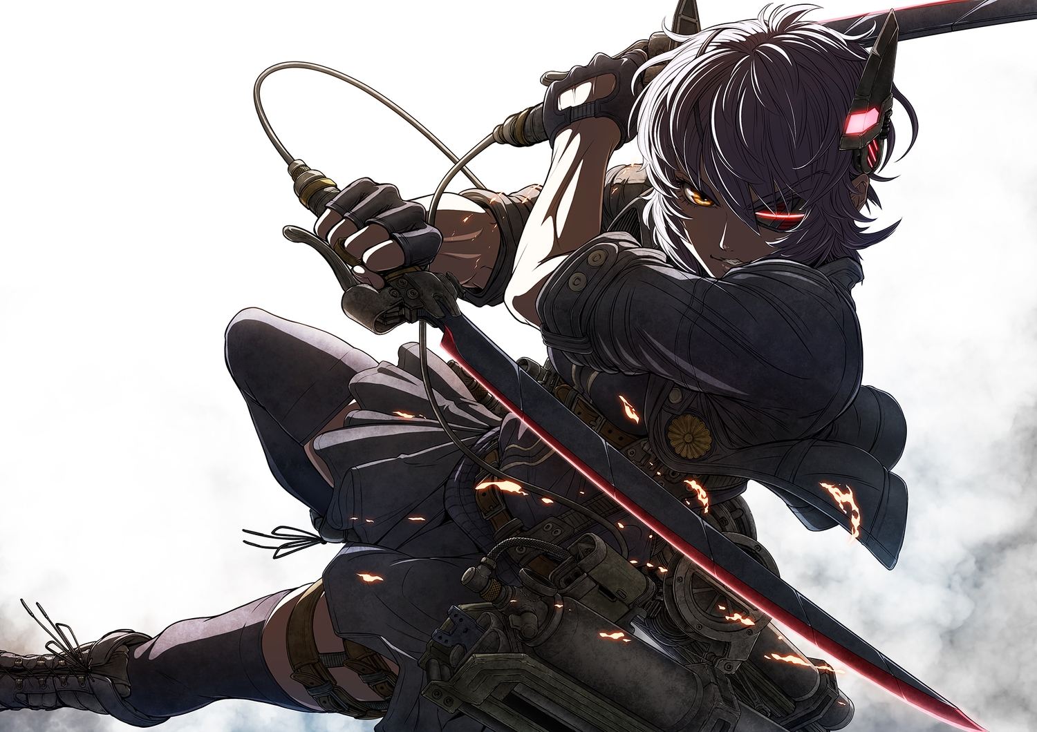 anthropomorphism, boots, crossover, eyepatch, gloves, gray_hair, imizu_(nitro_unknown), kantai_collection, shingeki_no_kyojin, short_hair, skirt, sword, tenryuu_(kancolle), thighhighs, weapon, yellow_eyes