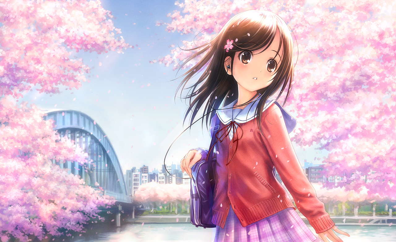 brown_eyes, brown_hair, building, cherry_blossoms, flowers, goto_p, headphones, long_hair
