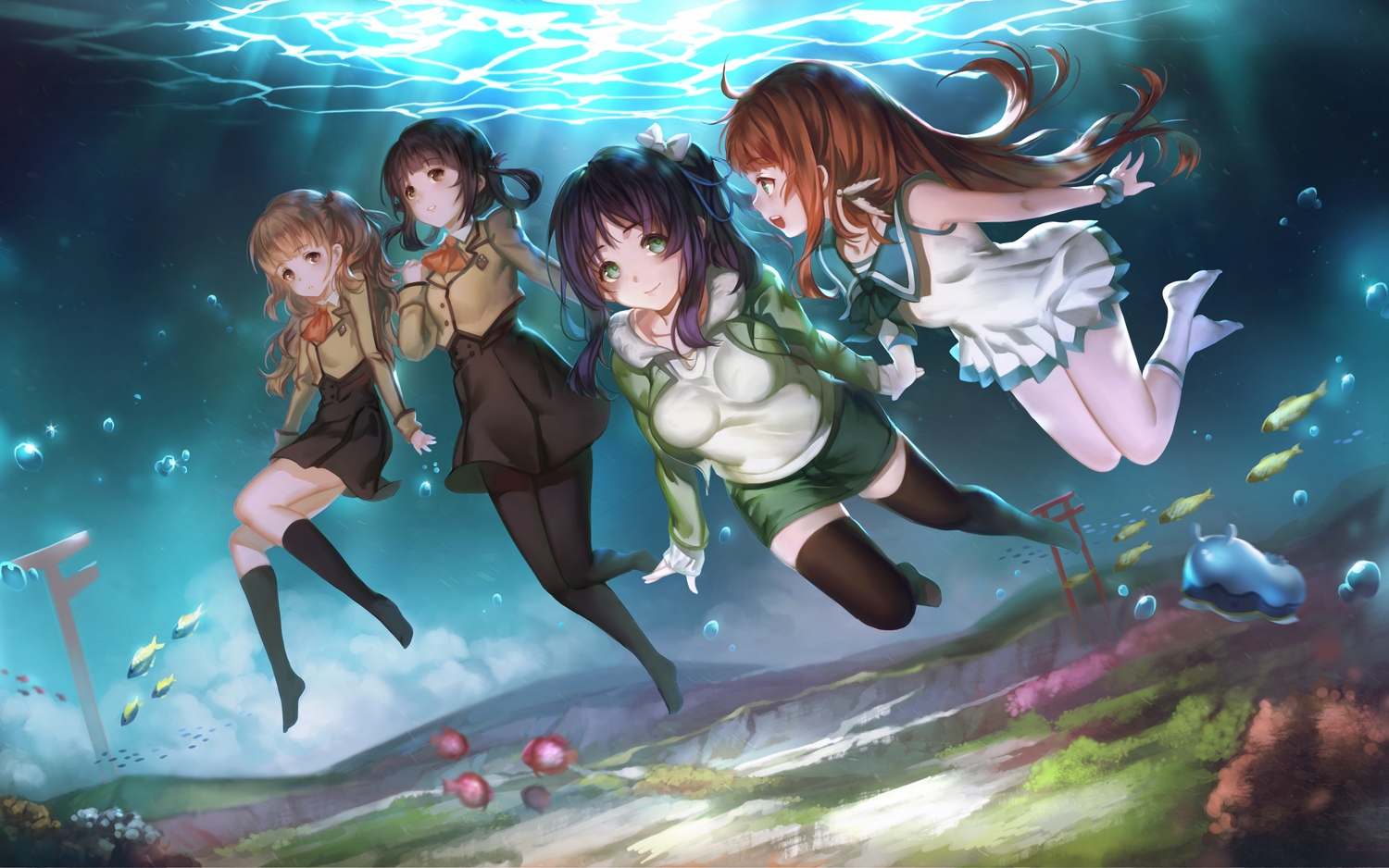 animal, brown_eyes, brown_hair, bubbles, fish, green_eyes, hiradaira_chisaki, hisanuma_sayu