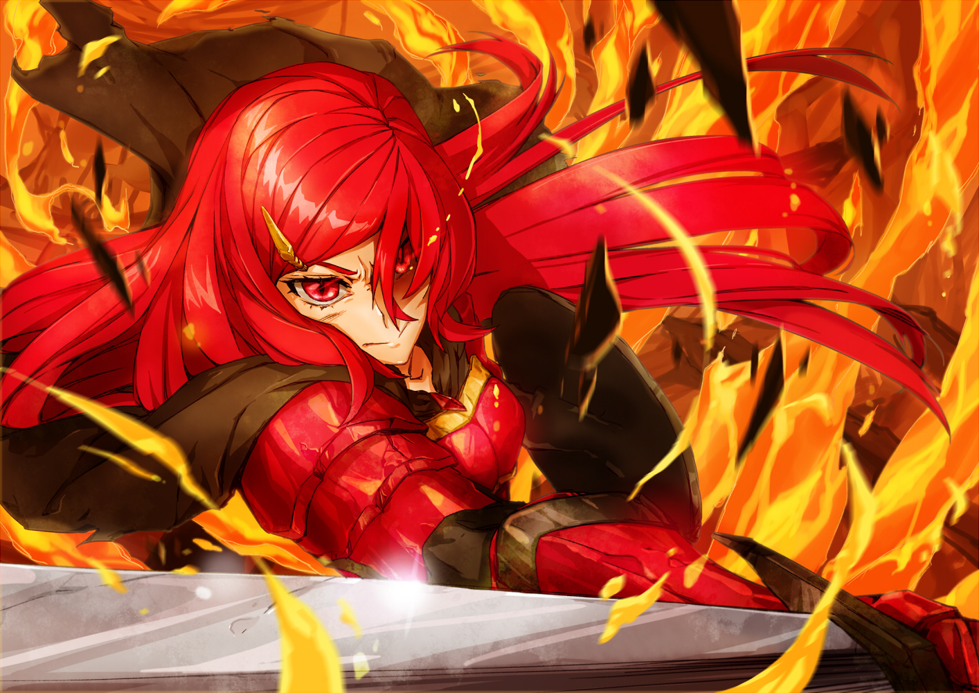 armor, cape, fire, original, pixiv_fantasia, red_eyes, red_hair, shanpao