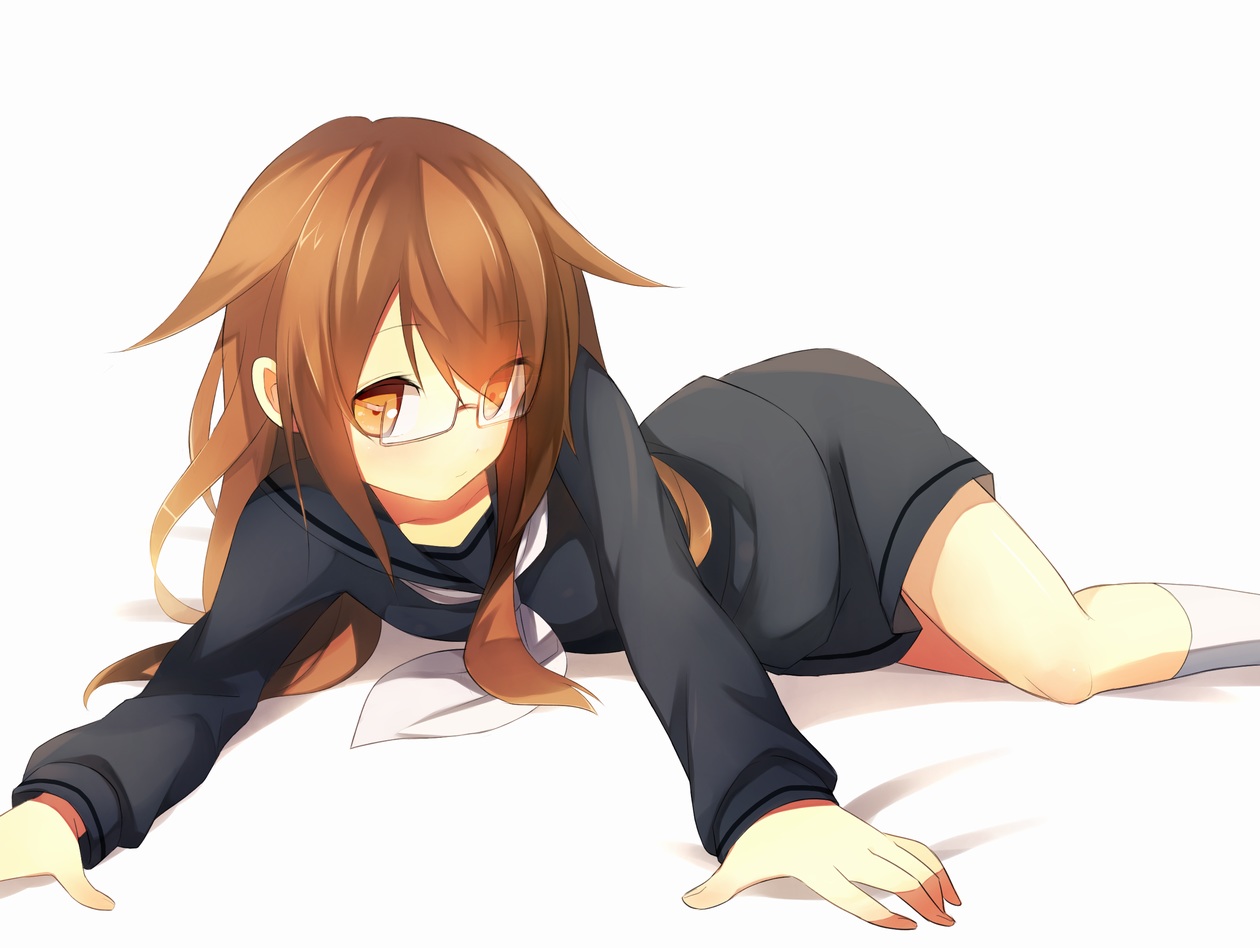 anthropomorphism, brown_eyes, brown_hair, glasses, kantai_collection, mochizuki_(kancolle), school_uniform, shiorinda, white
