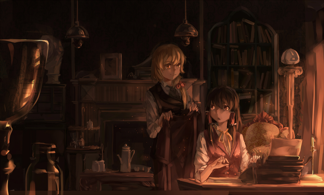 2girls, blonde_hair, book, bow, brown_eyes, brown_hair, dark, drink