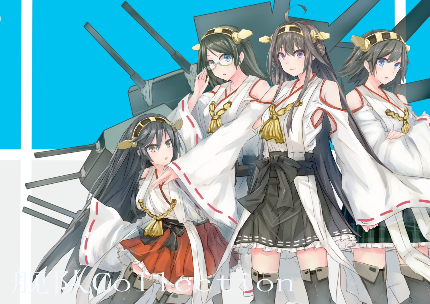 anthropomorphism, black_hair, green_hair, group, haruna_(kancolle), hiei_(kancolle), japanese_clothes, kantai_collection