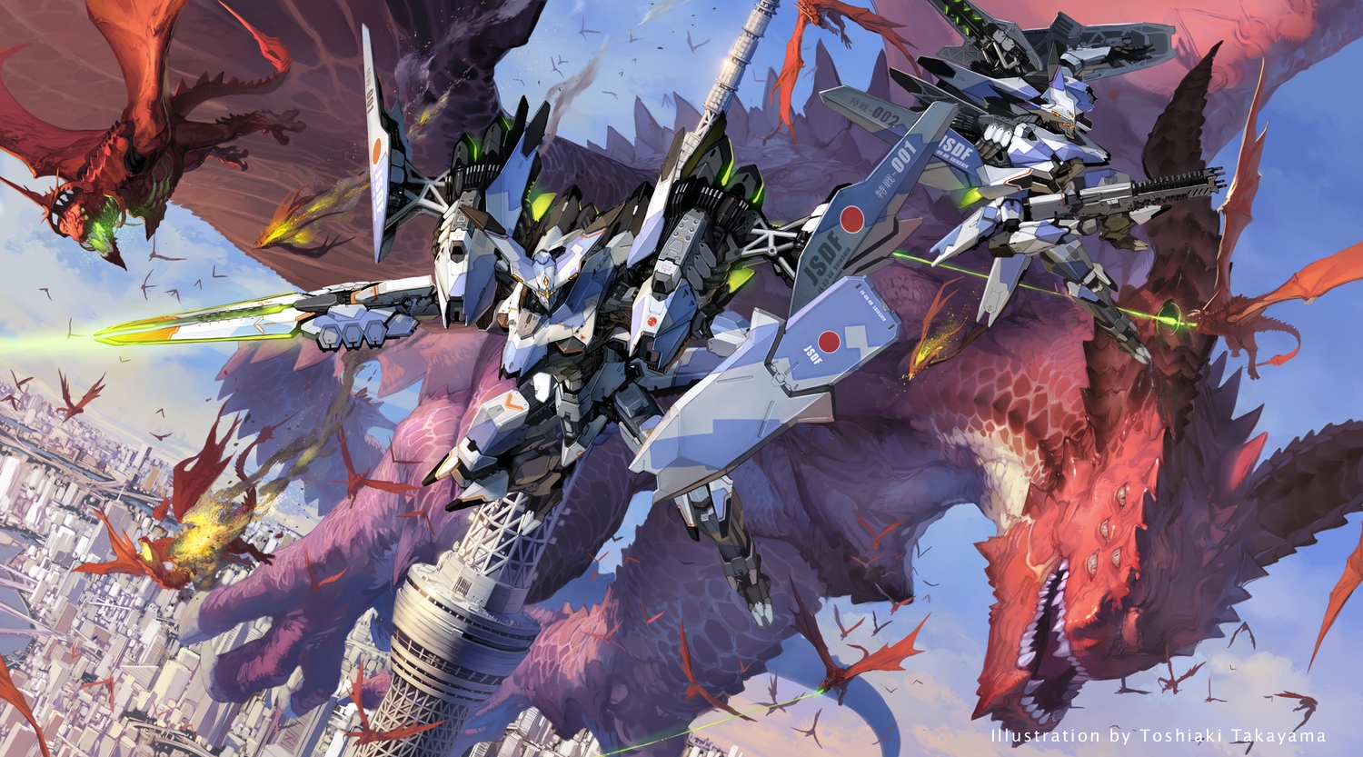 city, dragon, gun, mecha, original, takayama_toshiaki, weapon