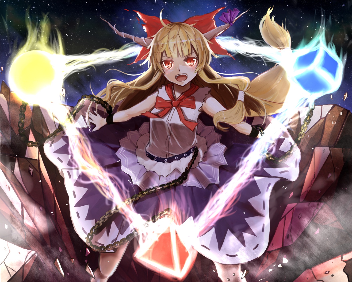 blonde_hair, chain, dress, horns, ibuki_suika, jpeg_artifacts, koga_rejini, long_hair