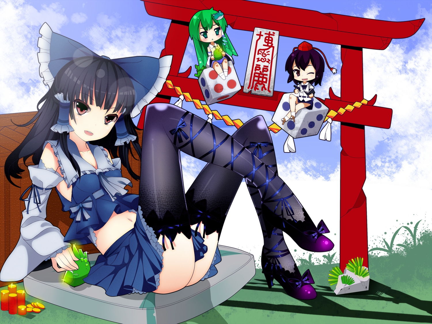 black_hair, bow, brown_eyes, chibi, green_eyes, green_hair, hakurei_reimu, japanese_clothes, kochiya_sanae, long_hair, miko, navel, ootsuki_momiji, pink_eyes, purple_hair, shameimaru_aya, short_hair, thighhighs, torii, touhou