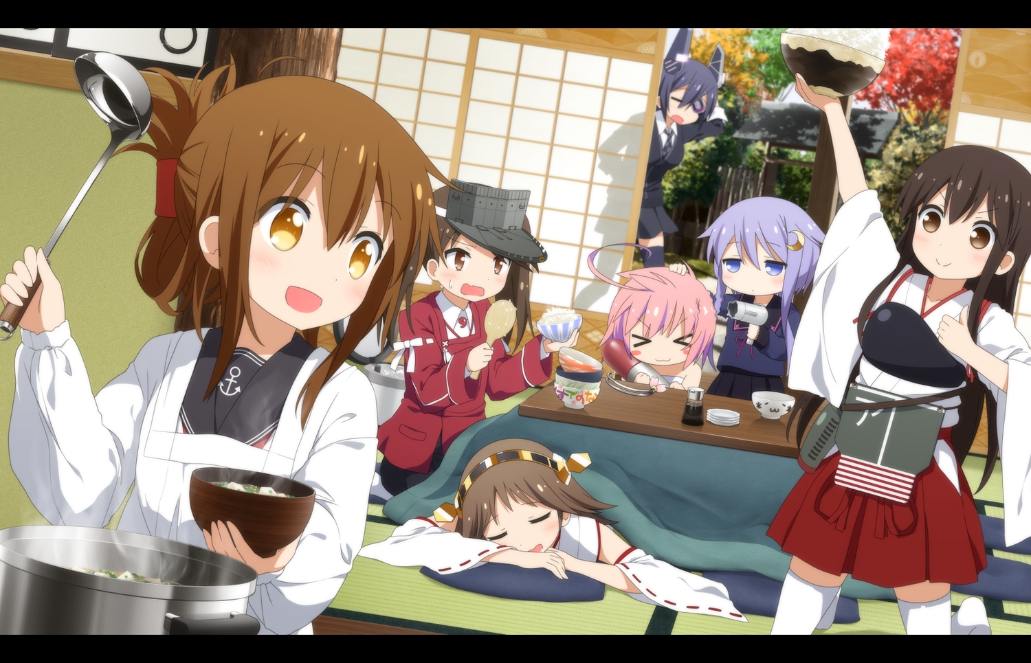 akagi_(kancolle), anthropomorphism, black_hair, blue_hair, brown_eyes, brown_hair, eyepatch, food