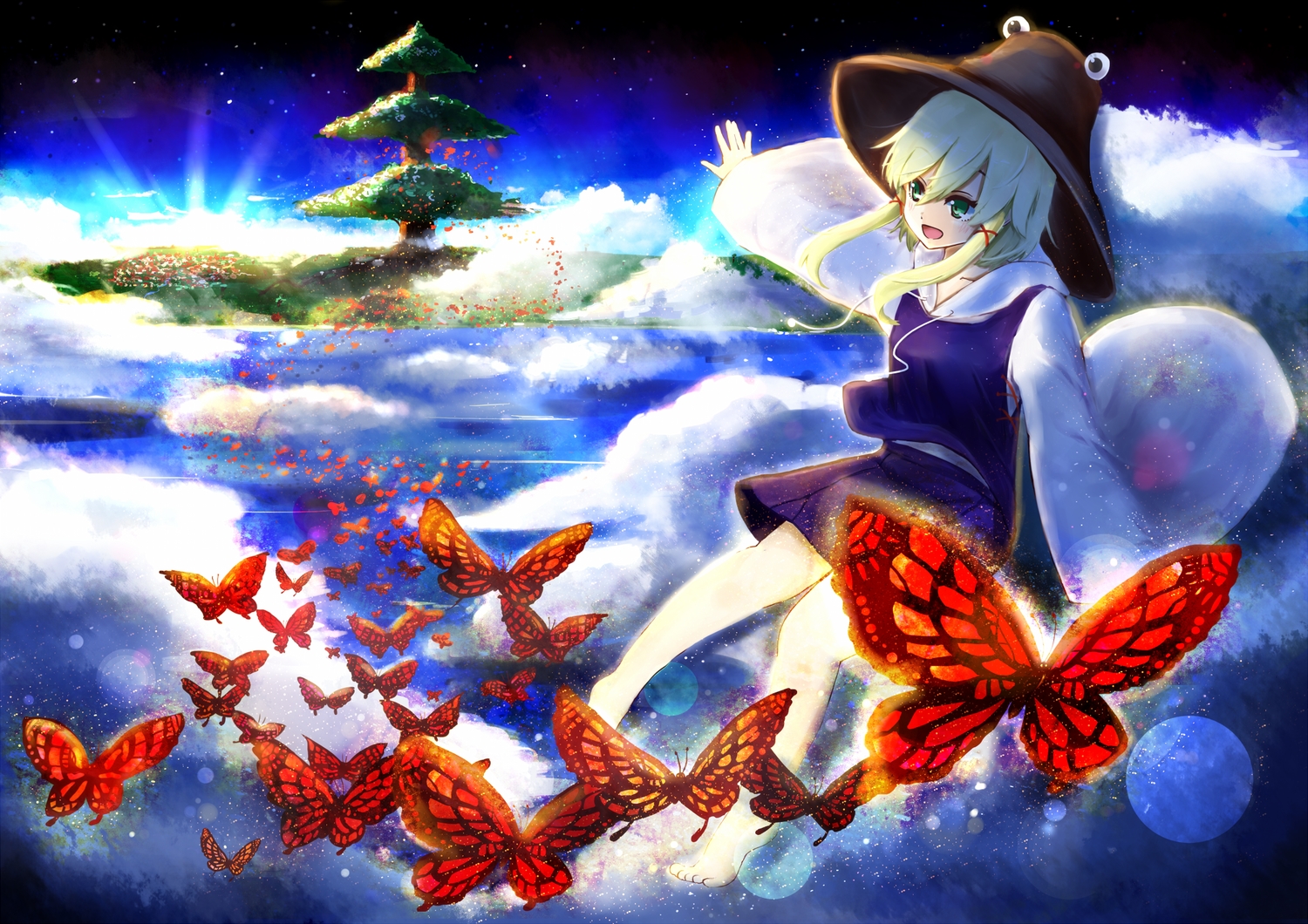 barefoot, blonde_hair, butterfly, clouds, green_eyes, hat, koga_rejini, moriya_suwako