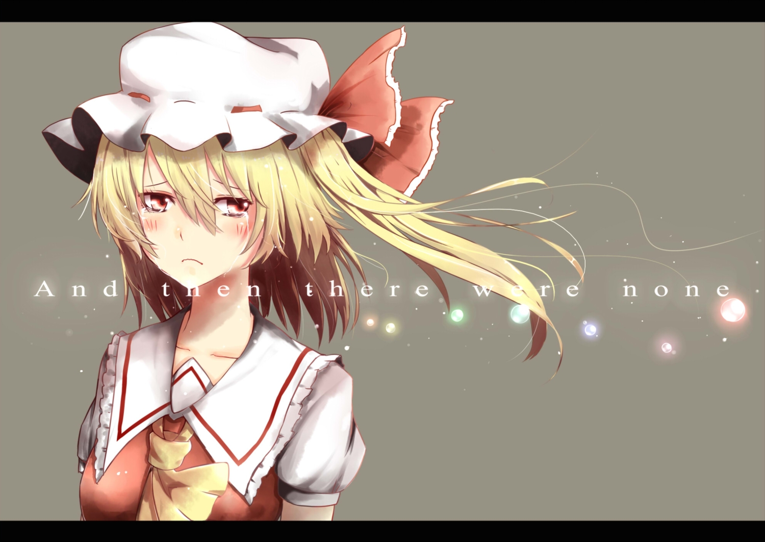 blonde_hair, crying, flandre_scarlet, gray, hat, jpeg_artifacts, koga_rejini, red_eyes