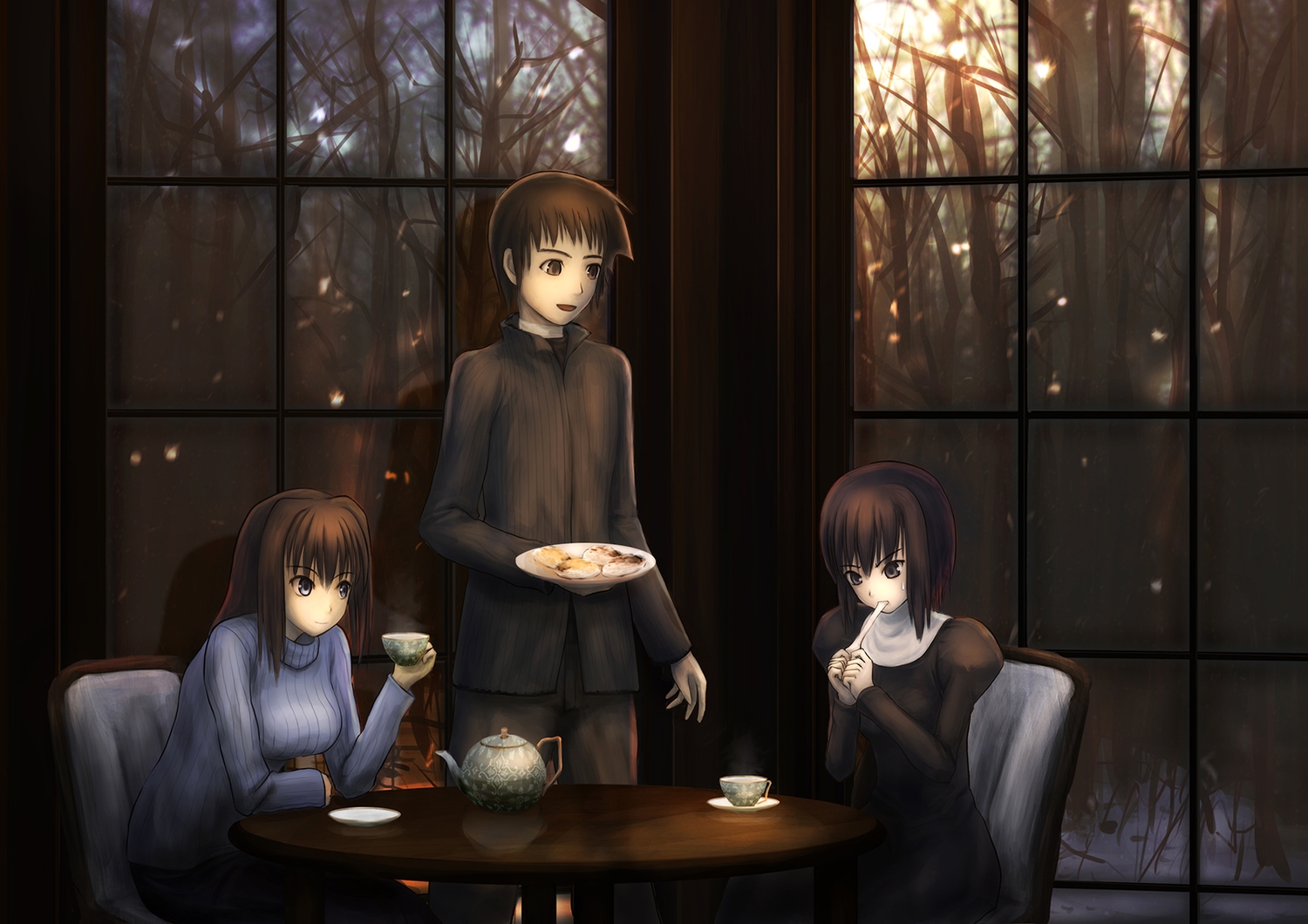 amema, aozaki_aoko, blue_eyes, brown_eyes, drink, food, gray_eyes, kuonji_alice