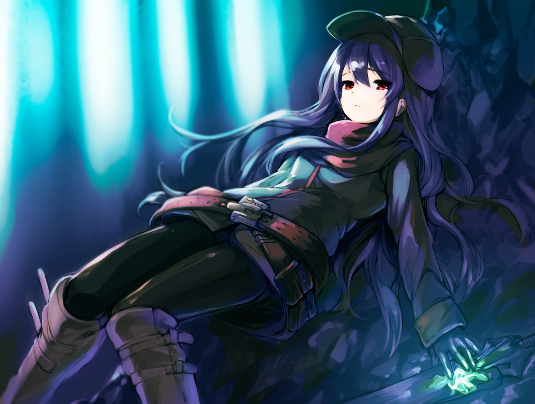 boots, cloud_palette, gloves, hat, original, pixiv_fantasia, purple_hair, red_eyes, sword, weapon