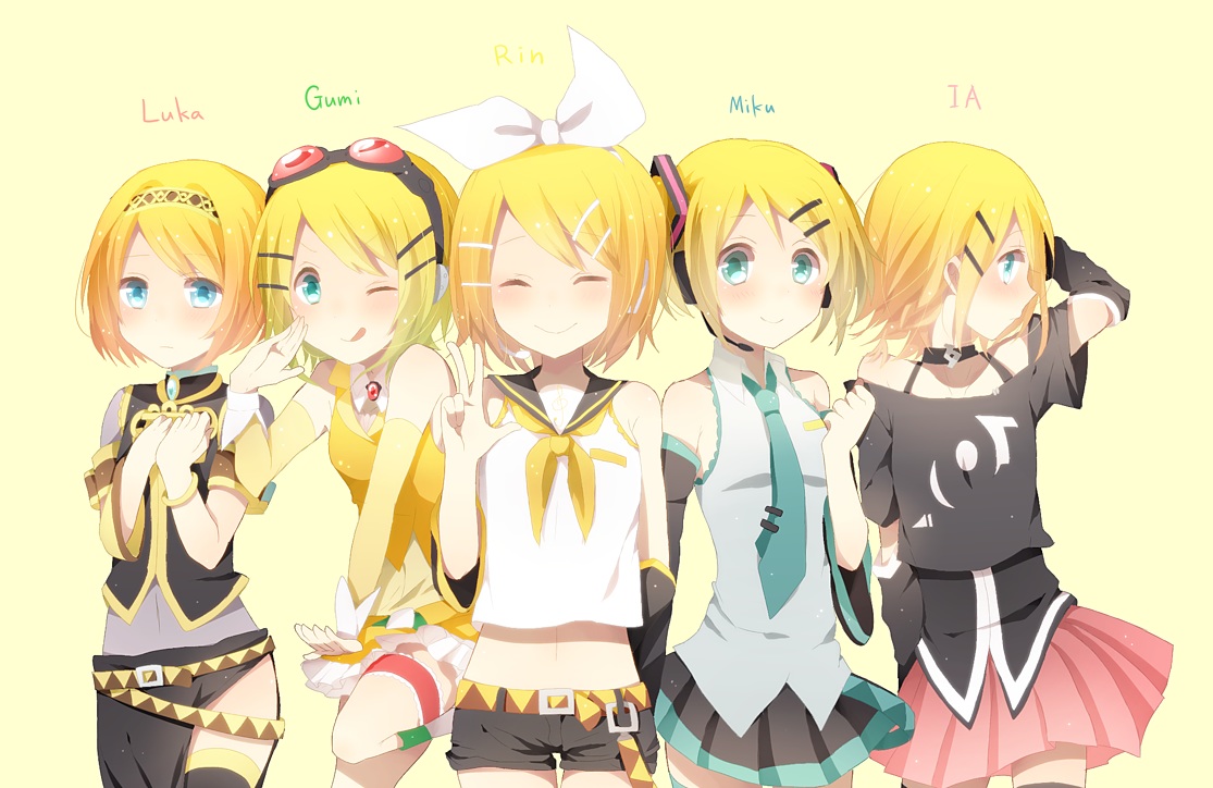 aqua_eyes, blonde_hair, blush, cosplay, harusawa, kagamine_rin, short_hair, vocaloid, wink