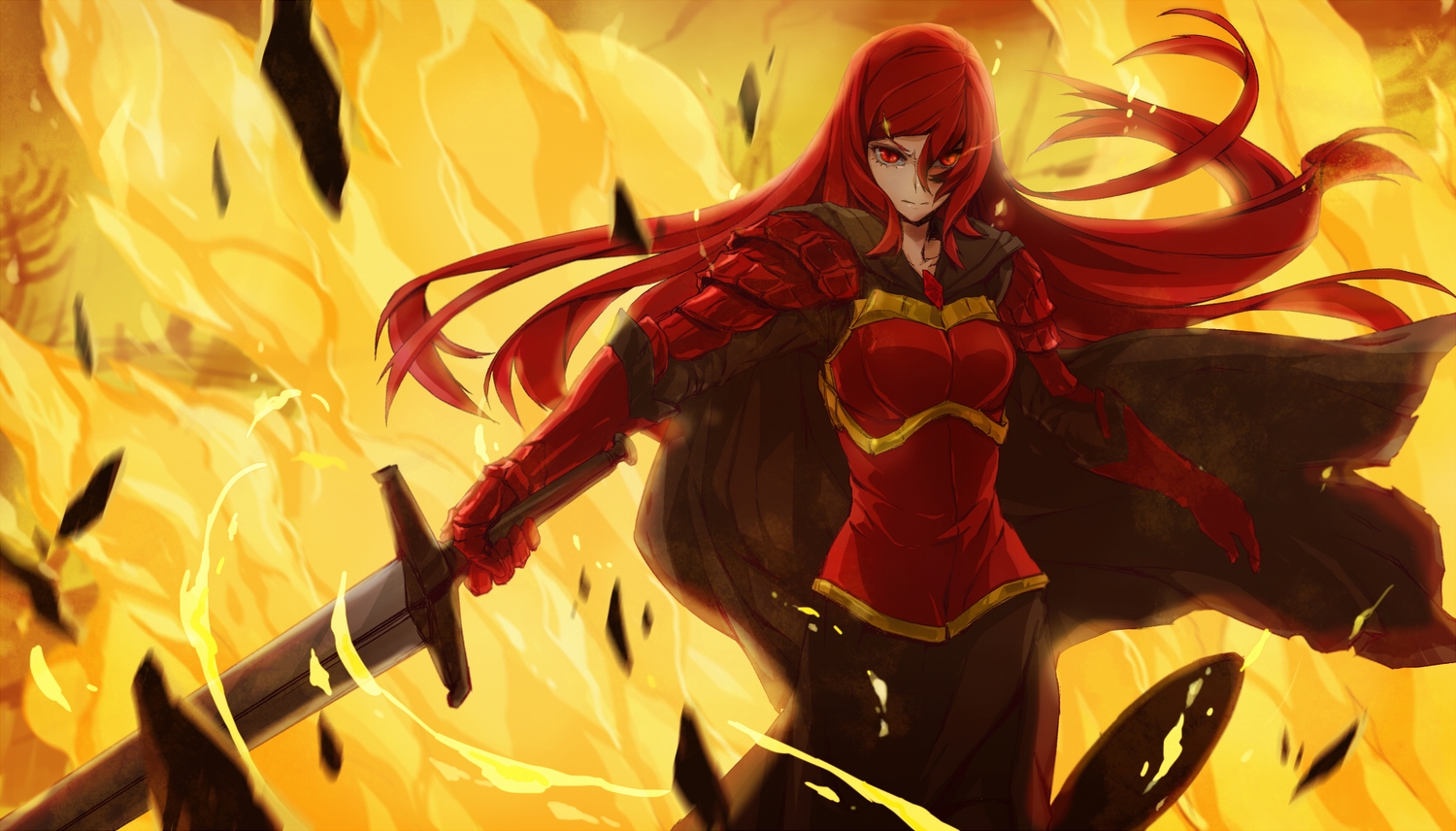 armor, dress, fire, long_hair, original, pixiv_fantasia, red_eyes, red_hair, shanpao, sword, weapon