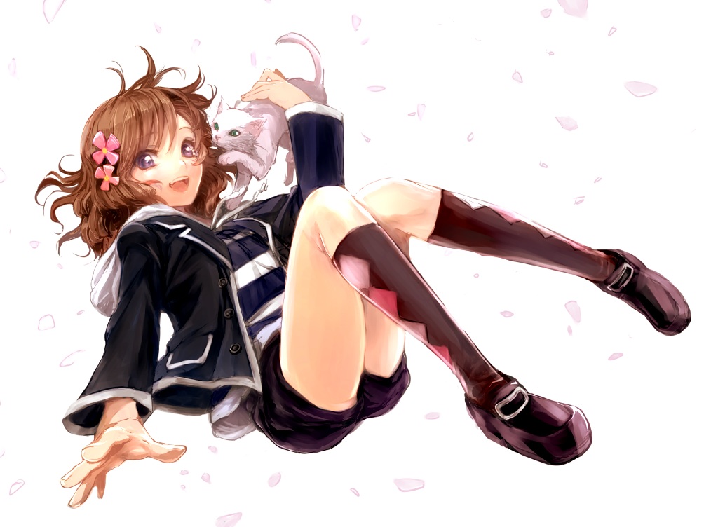 animal, brown_hair, cat, flowers, idolmaster, kneehighs, long_hair, mugitarou, purple_eyes, shorts, suou_momoko, white