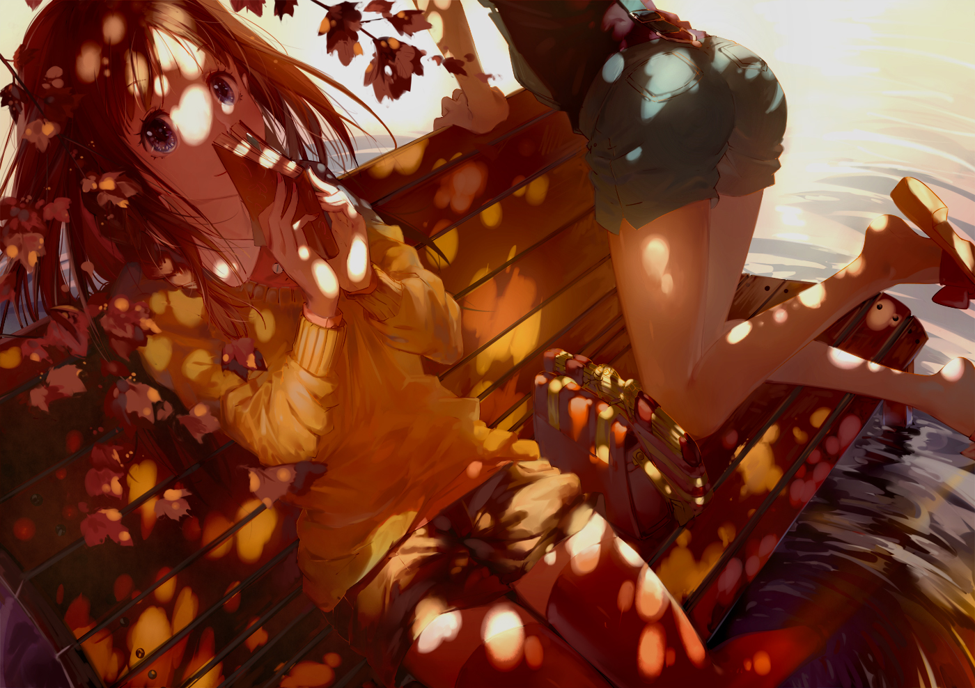 2girls, book, chitanda_eru, cici, hyouka, ibara_mayaka, leaves, water