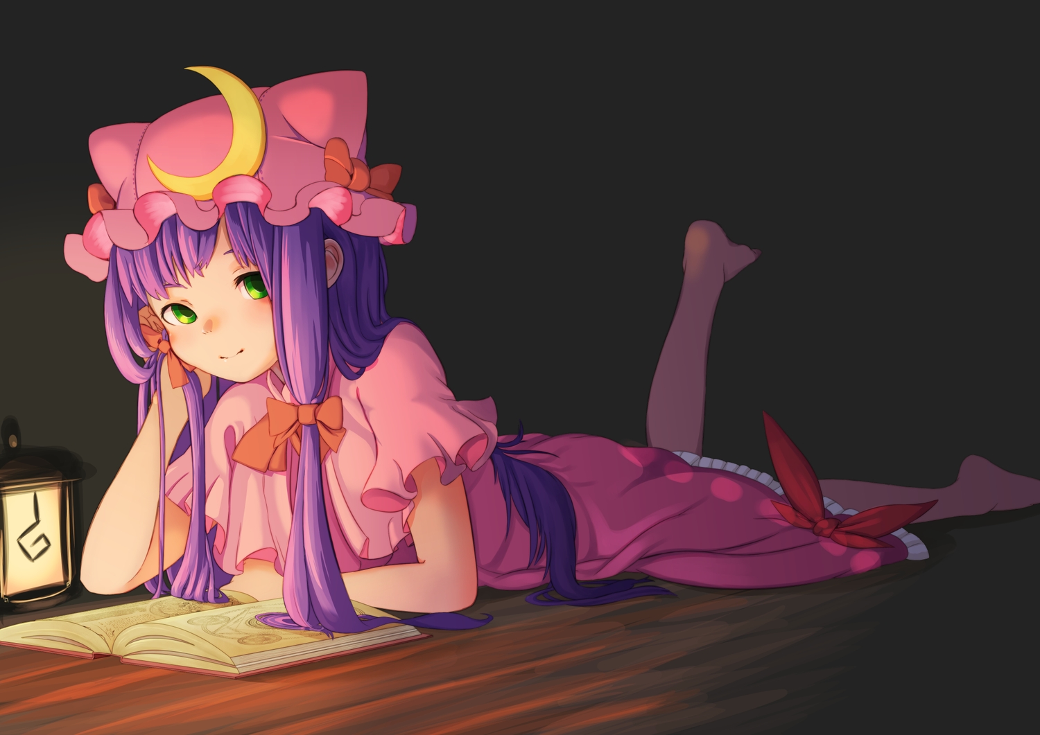 barefoot, book, bow, dress, emuki_(armies_soul), gray, green_eyes, hat, long_hair, patchouli_knowledge, purple_hair, touhou