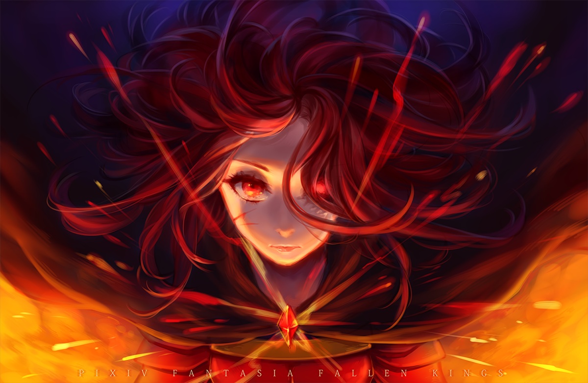 akashirokai, cape, fire, long_hair, original, pixiv_fantasia, red_eyes, red_hair, scar