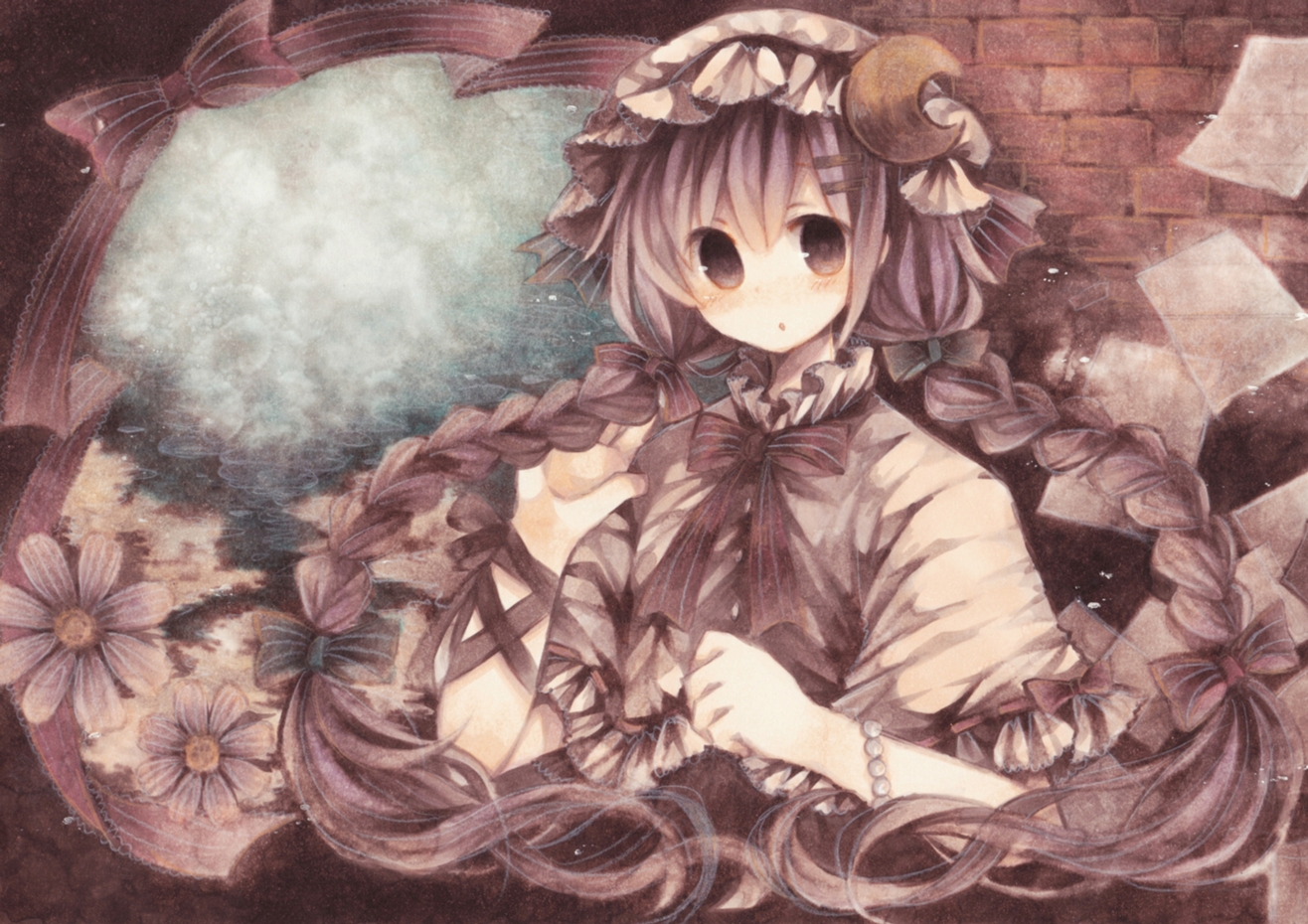 bow, braids, flowers, hat, long_hair, patchouli_knowledge, purple_eyes, purple_hair