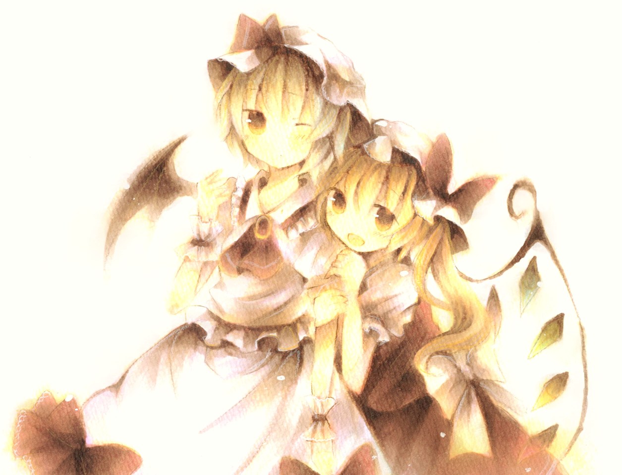2girls, flandre_scarlet, hat, polychromatic, remilia_scarlet, touhou, vampire, wings