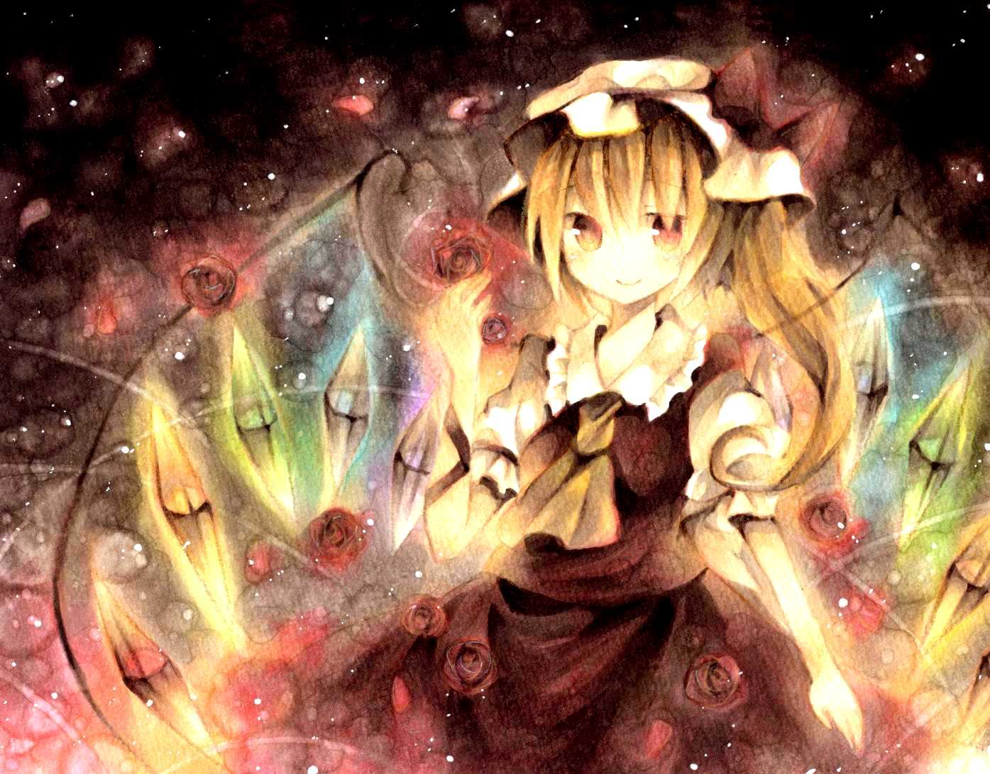 blonde_hair, dress, flandre_scarlet, flowers, hat, polychromatic, red_eyes, rose, touhou, vampire, wings, wiriam07