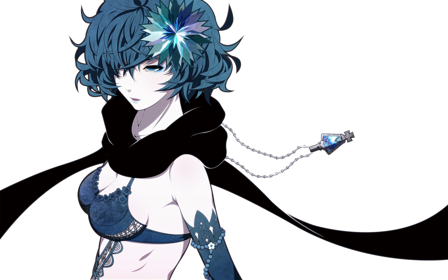 blue_eyes, blue_hair, breasts, cleavage, drag-on_dragoon, flowers, necklace, ram_(ramlabo), scarf, short_hair, two_(drag-on_dragoon), white