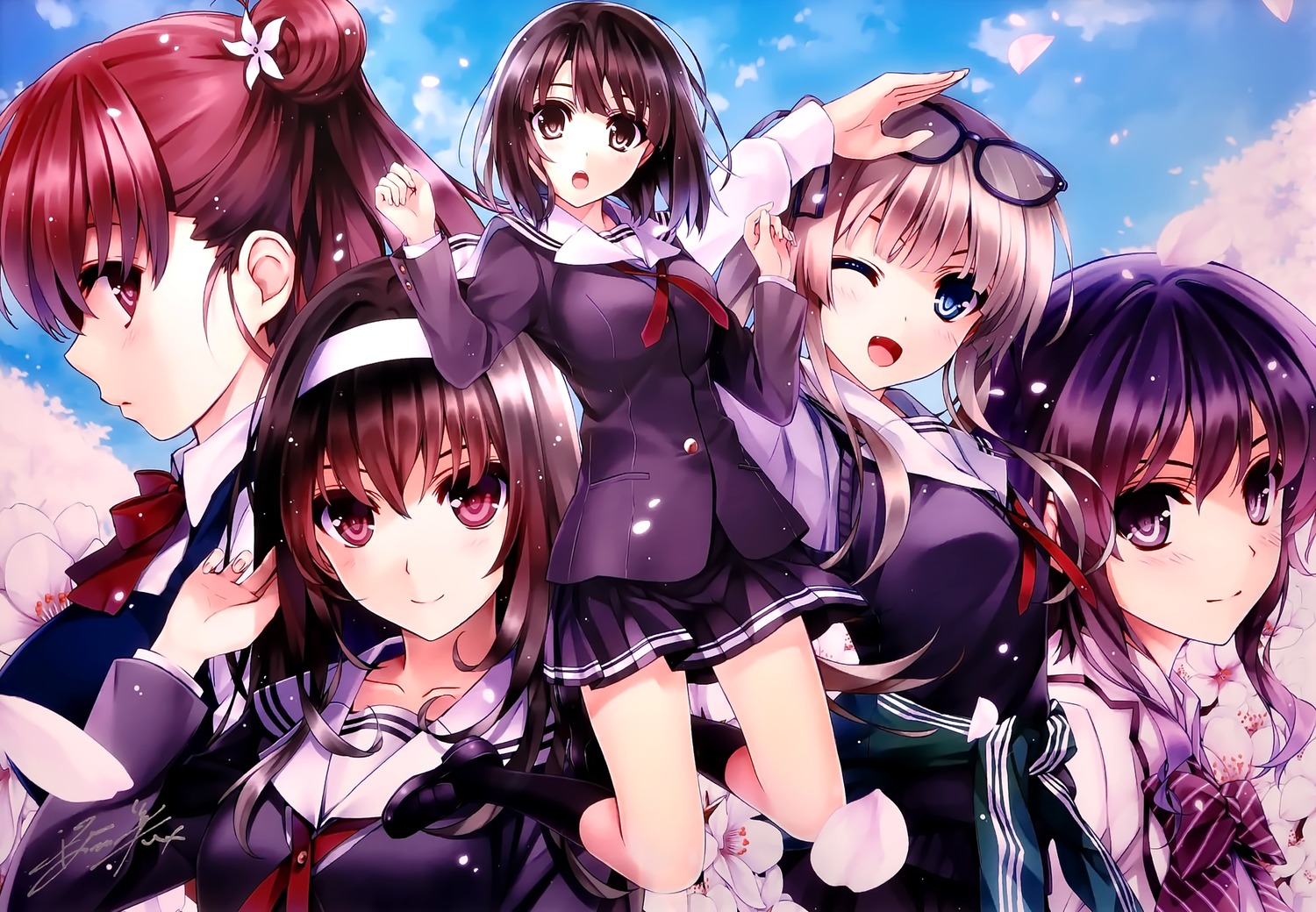 blonde_hair, blue_eyes, brown_hair, clouds, flowers, glasses, hashima_izumi, headband