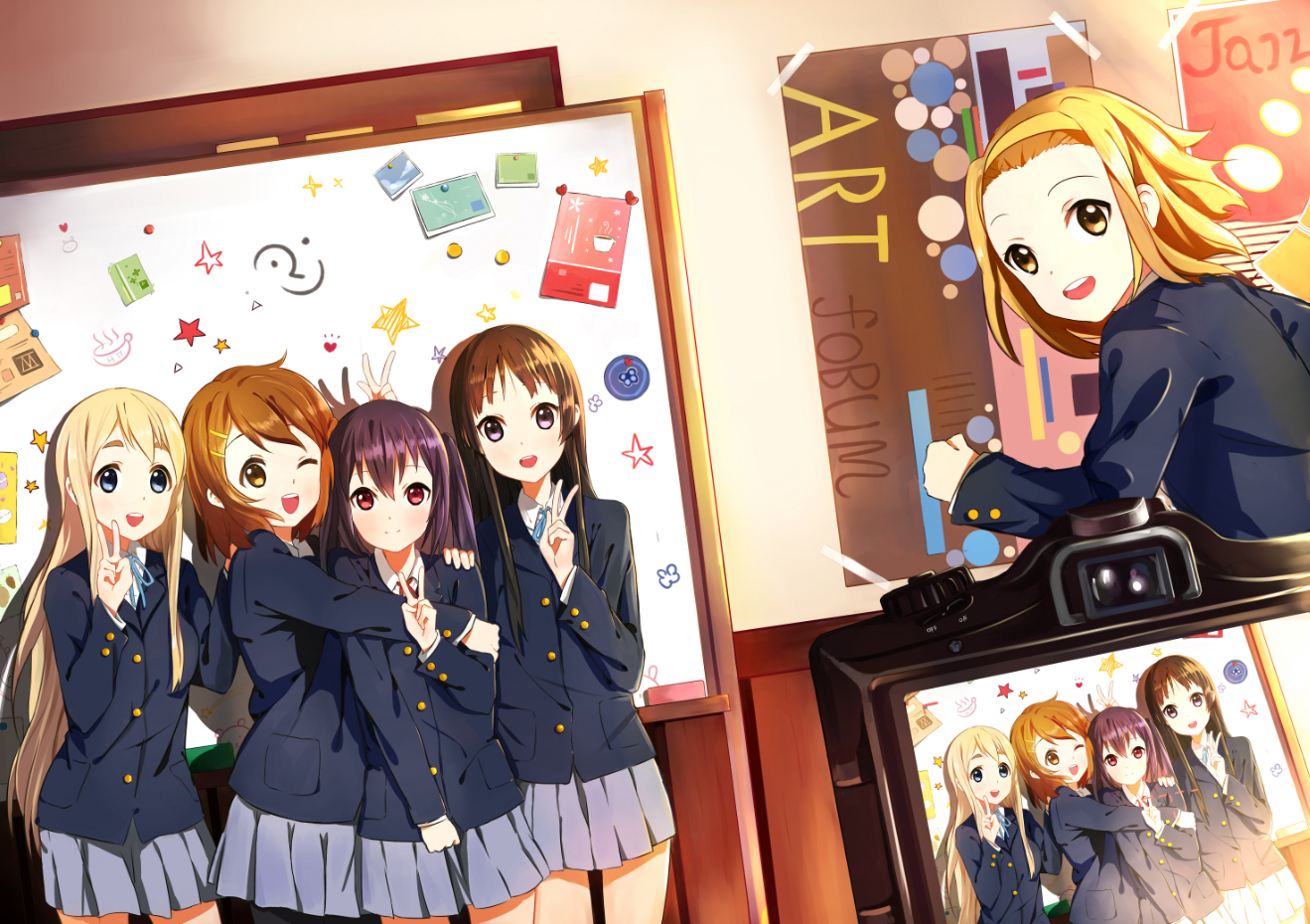 akiyama_mio, camera, hirasawa_yui, k-on!, kotobuki_tsumugi, nakano_azusa, samizuban, school_uniform, tainaka_ritsu