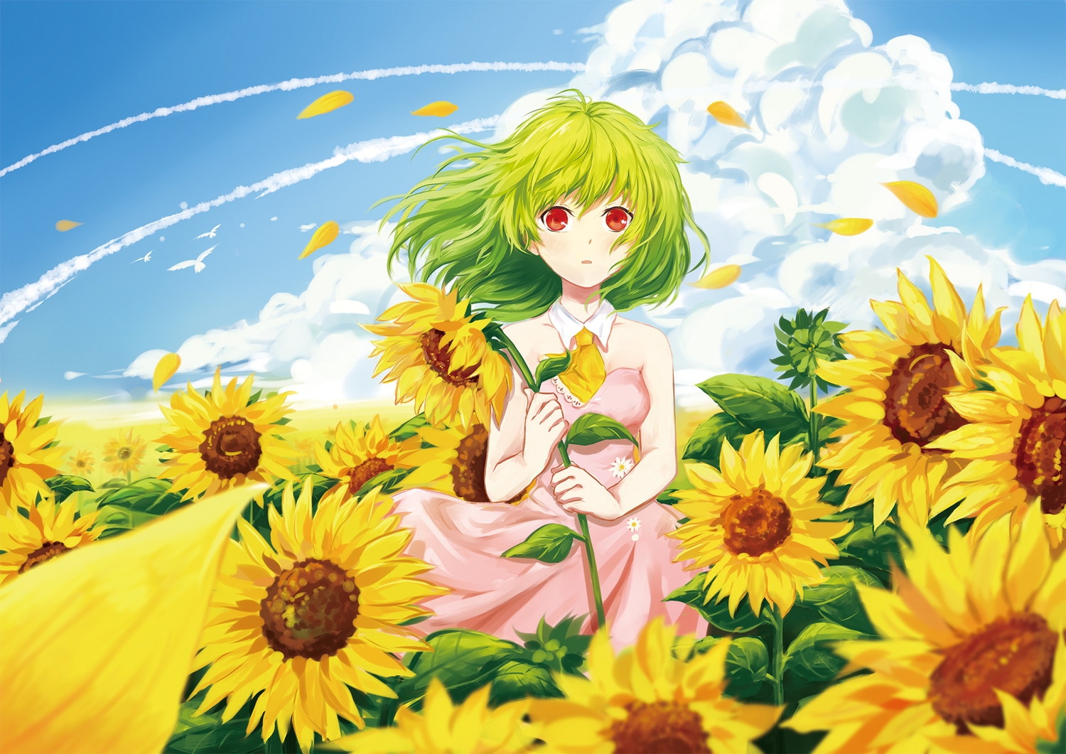 animal, bird, clouds, dress, flowers, green_hair, kazami_yuuka, petals, red_eyes, samizuban, sky, sunflower, touhou