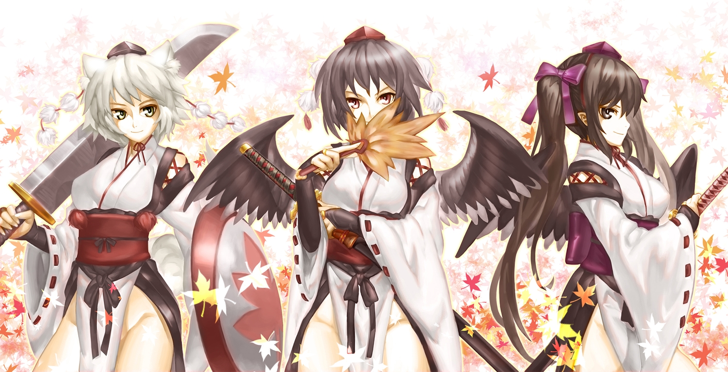 animal_ears, bobomaster, himekaidou_hatate, inubashiri_momiji, japanese_clothes, katana, long_hair, nopan