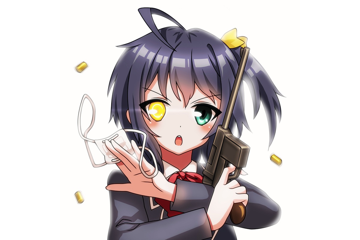 bicolored_eyes, blue_hair, blush, bobomaster, chuunibyou_demo_koi_ga_shitai!, eyepatch, gun, short_hair