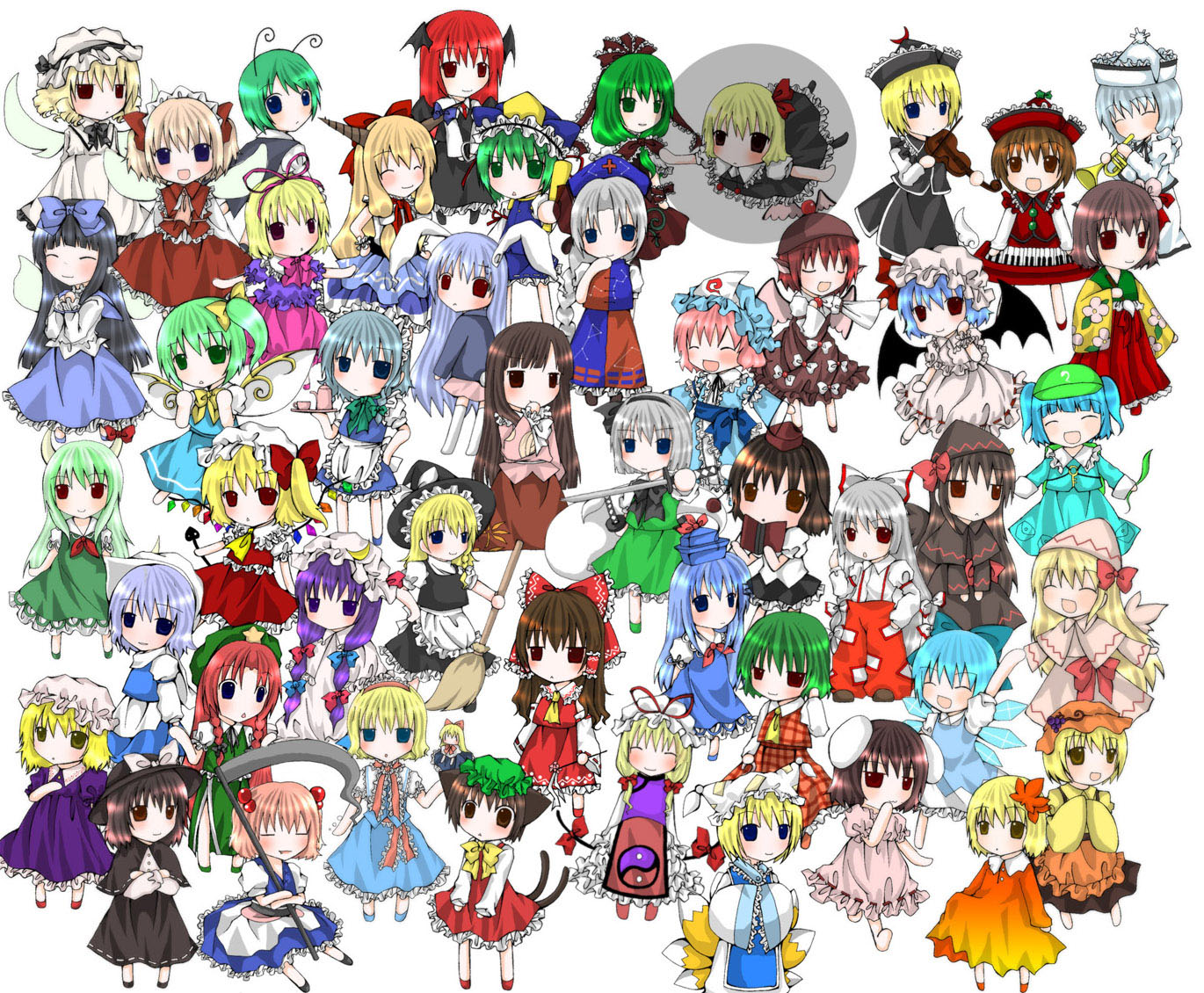 aki_minoriko, aki_shizuha, alice_margatroid, animal_ears, black_hair, blonde_hair, blue_eyes, blue_hair, book, brown_eyes, brown_hair, bunny_ears, bunnygirl, catgirl, chen, chibi, chinese_clothes, chinese_dress, cirno, daiyousei, demon, doll, dress, ex_keine, fairy, flandre_scarlet, foxgirl, fujiwara_no_mokou, gray_hair, green_eyes, green_hair, group, hakurei_reimu, hat, hieda_no_akyuu, hong_meiling, horns, houraisan_kaguya, ibuki_suika, inaba_tewi, izayoi_sakuya, japanese_clothes, kagiyama_hina, kamishirasawa_keine, kawashiro_nitori, kazami_yuuka, kimoke-ne, kirisame_marisa, koakuma, konpaku_youmu, letty_whiterock, lily_black, lily_white, long_hair, luna_child, lunasa_prismriver, lyrica_prismriver, maid, maribel_han, medicine_melancholy, merlin_prismriver, miko, multiple_tails, myon, mystia_lorelei, onozuka_komachi, patchouli_knowledge, pink_hair, purple_eyes, purple_hair, red_eyes, red_hair, reisen_udongein_inaba, remilia_scarlet, ribbons, rumia, saigyouji_yuyuko, scythe, shameimaru_aya, shanghai_doll, shiki_eiki, short_hair, skirt, star_sapphire, sunny_milk, sword, tail, thighhighs, touhou, usami_renko, vampire, weapon, wings, witch, wriggle_nightbug, yagokoro_eirin, yakumo_ran, yakumo_yukari, yellow_eyes