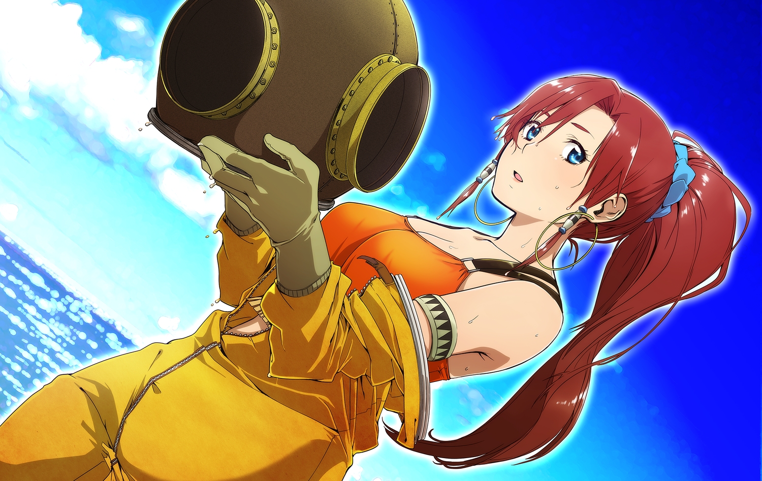 bellows_(suisei_no_gargantia), blue_eyes, clouds, gloves, long_hair, minakuchi_takashi, ponytail, red_hair, sky, suisei_no_gargantia, water