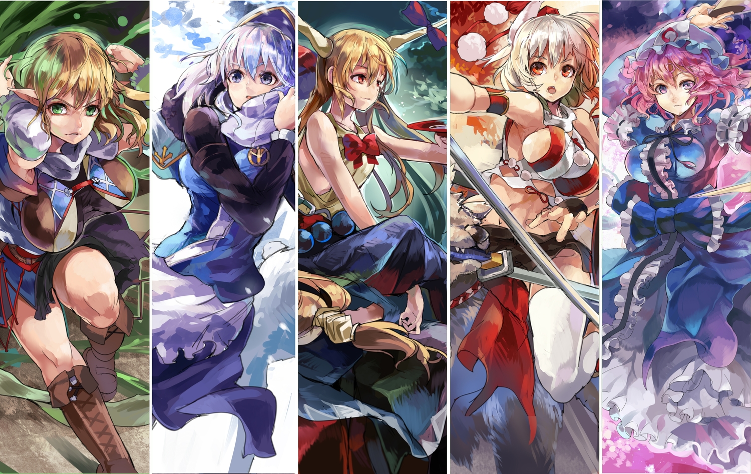 animal_ears, blonde_hair, blue_eyes, blue_hair, breasts, cleavage, green_eyes, hat, himuro_(dobu_no_hotori), horns, ibuki_suika, inubashiri_momiji, letty_whiterock, mizuhashi_parsee, pink_hair, pointed_ears, purple_eyes, red_eyes, saigyouji_yuyuko, touhou, weapon, white_hair, wolfgirl