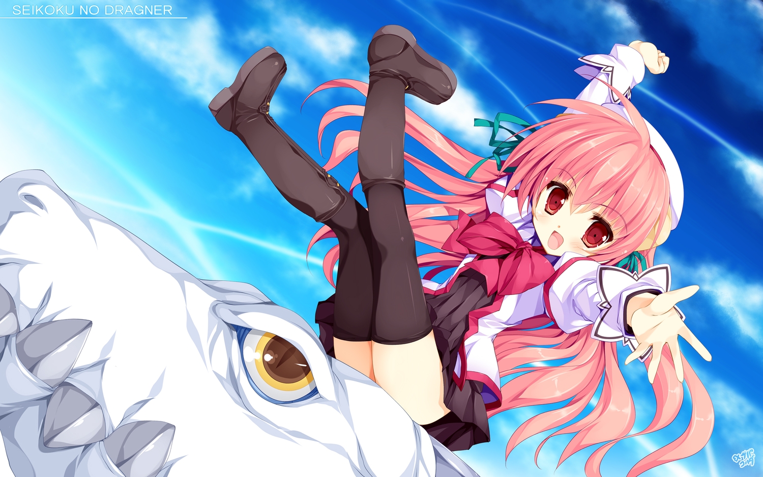 boots, bow, dragon, eco_(seikoku_no_dragonar), hat, pink_hair, red_eyes, seikoku_no_dragonar