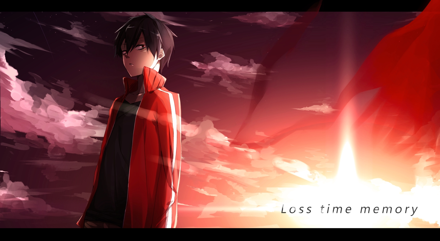 all_male, kagerou_project, kisaragi_shintaro, lost_time_memory_(vocaloid), male, scarf, sky, sunset