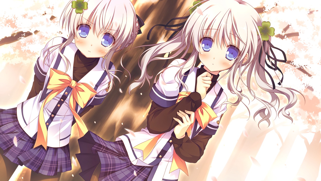 2girls, alcot, blue_eyes, bow, cherry_blossoms, clover_day's, flowers, game_cg
