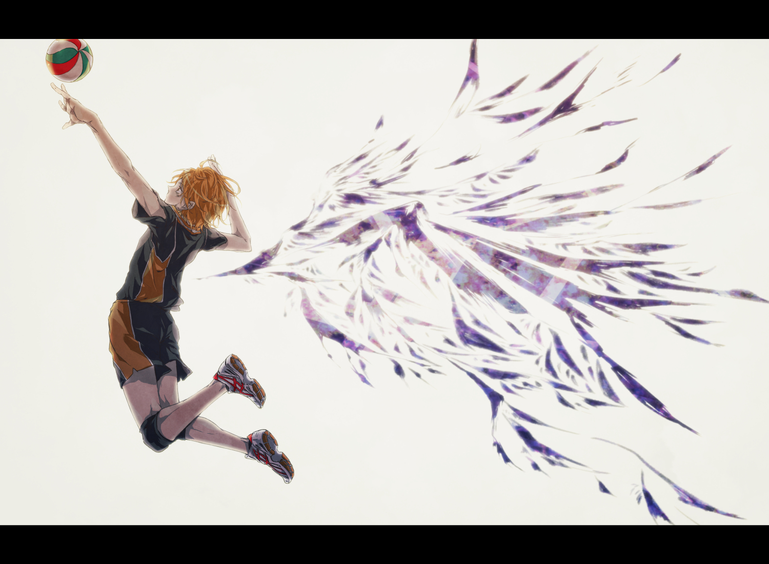 all_male, ball, die4k, haikyuu!!, hinata_shouyou, male, orange_hair, short_hair, shorts, sport, volleyball, wings