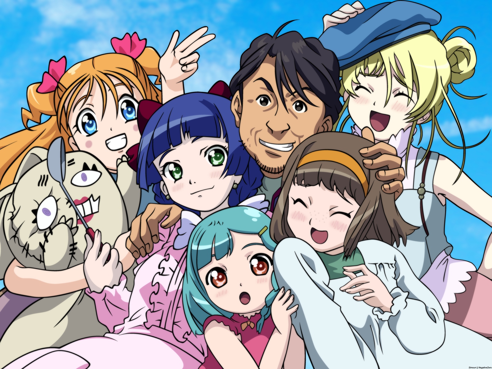 aeru, black_hair, blonde_hair, blue_eyes, blue_hair, blush, brown_eyes, brown_hair