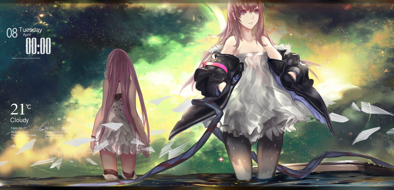 2girls, berlinetta, dress, kiwamu, long_hair, original, pantyhose, pink_eyes