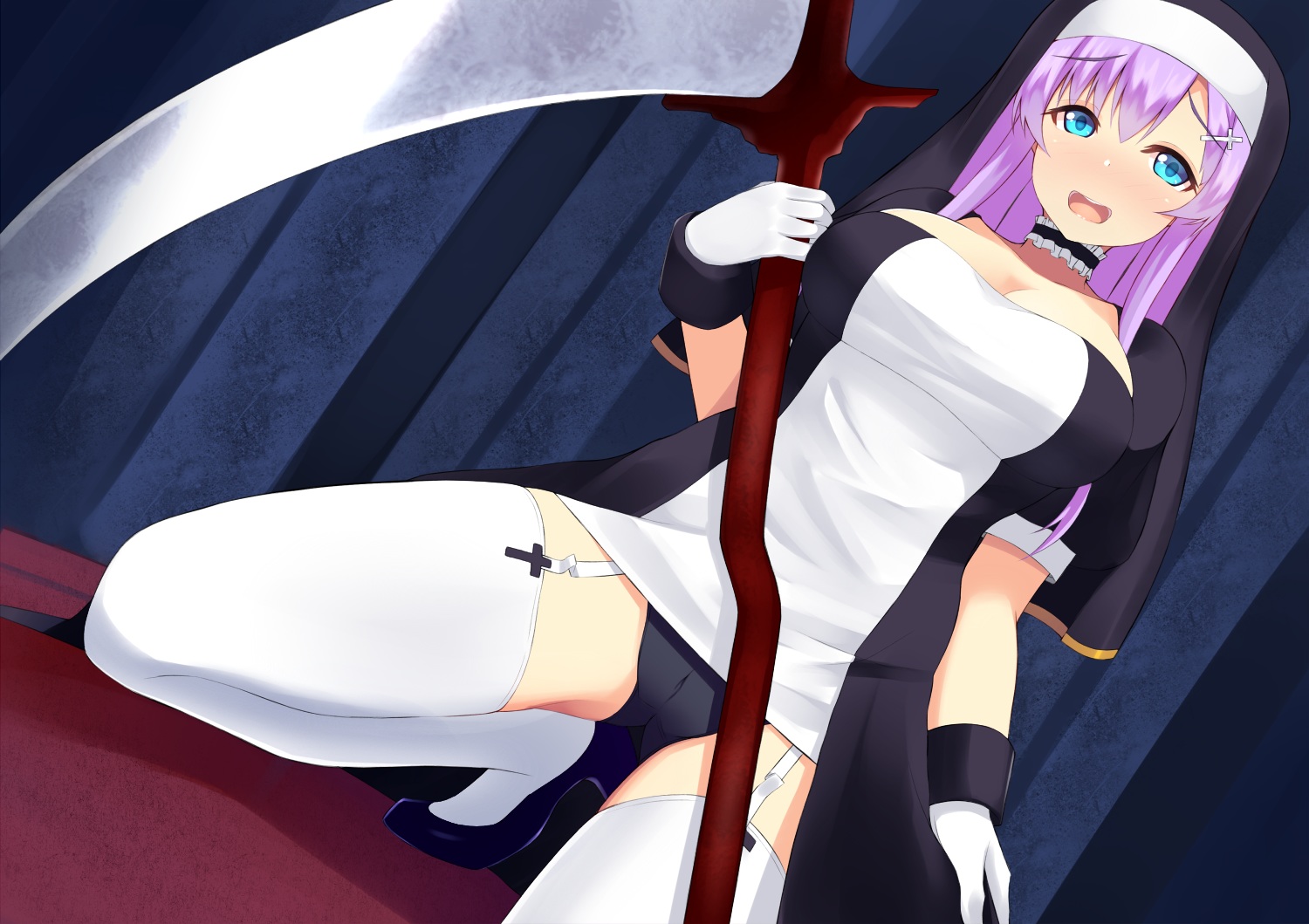 blue_eyes, blush, gloves, nun, original, panties, ponkotsu_(ayarosu), purple_hair, scythe, stockings, underwear, weapon