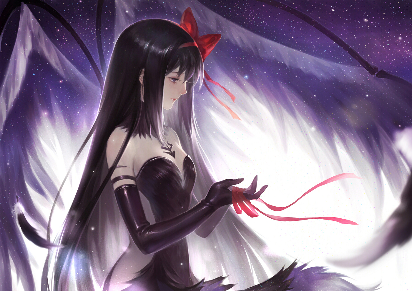 akemi_homura, akuma_homura, black_hair, bow, dress, elbow_gloves, feathers, gloves, long_hair, mahou_shoujo_madoka_magica, ribbons, wings, yew5fish