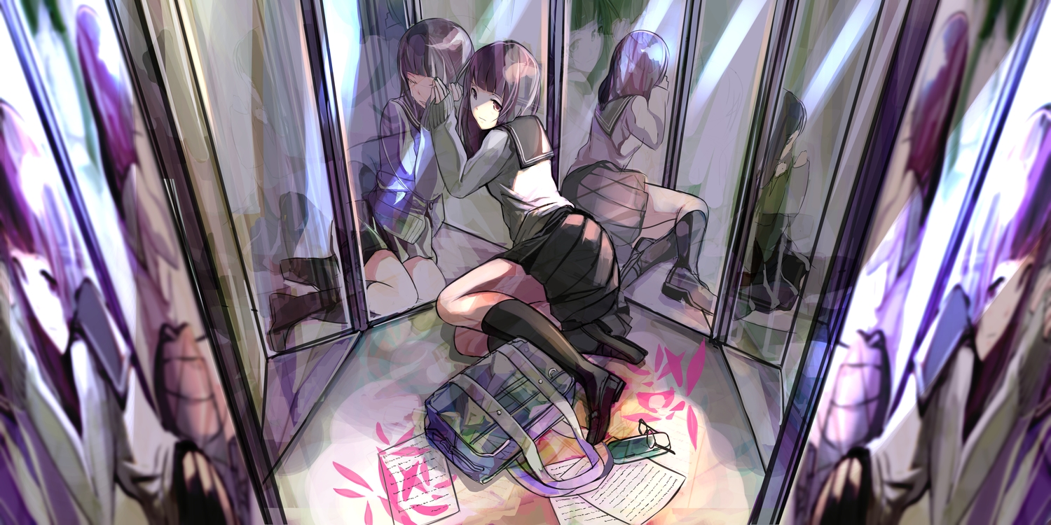 black_hair, fujita_(condor), glasses, kneehighs, long_hair, mirror, original, paper