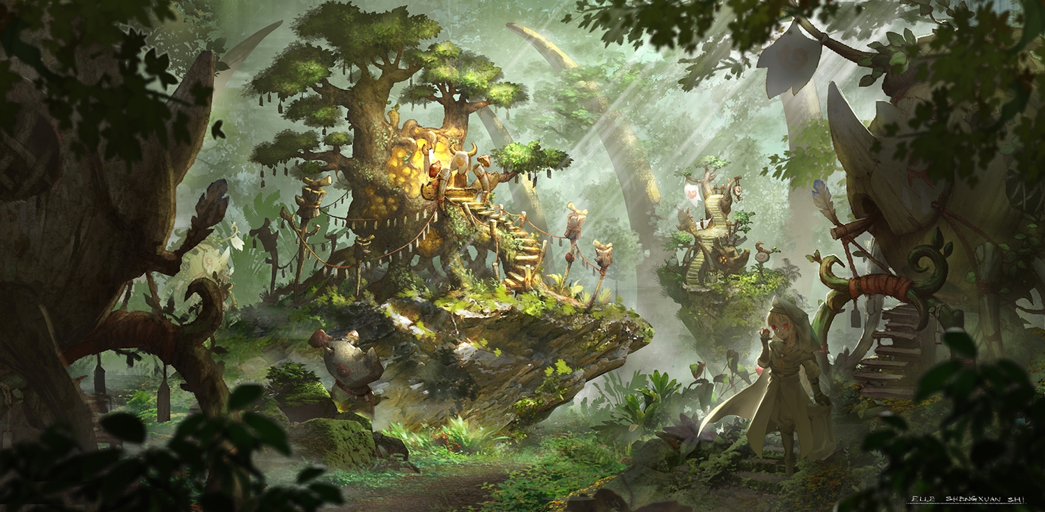 blonde_hair, building, forest, gararisu_no_junrei-sha_mira, lost_elle, original, pixiv_fantasia, red_eyes