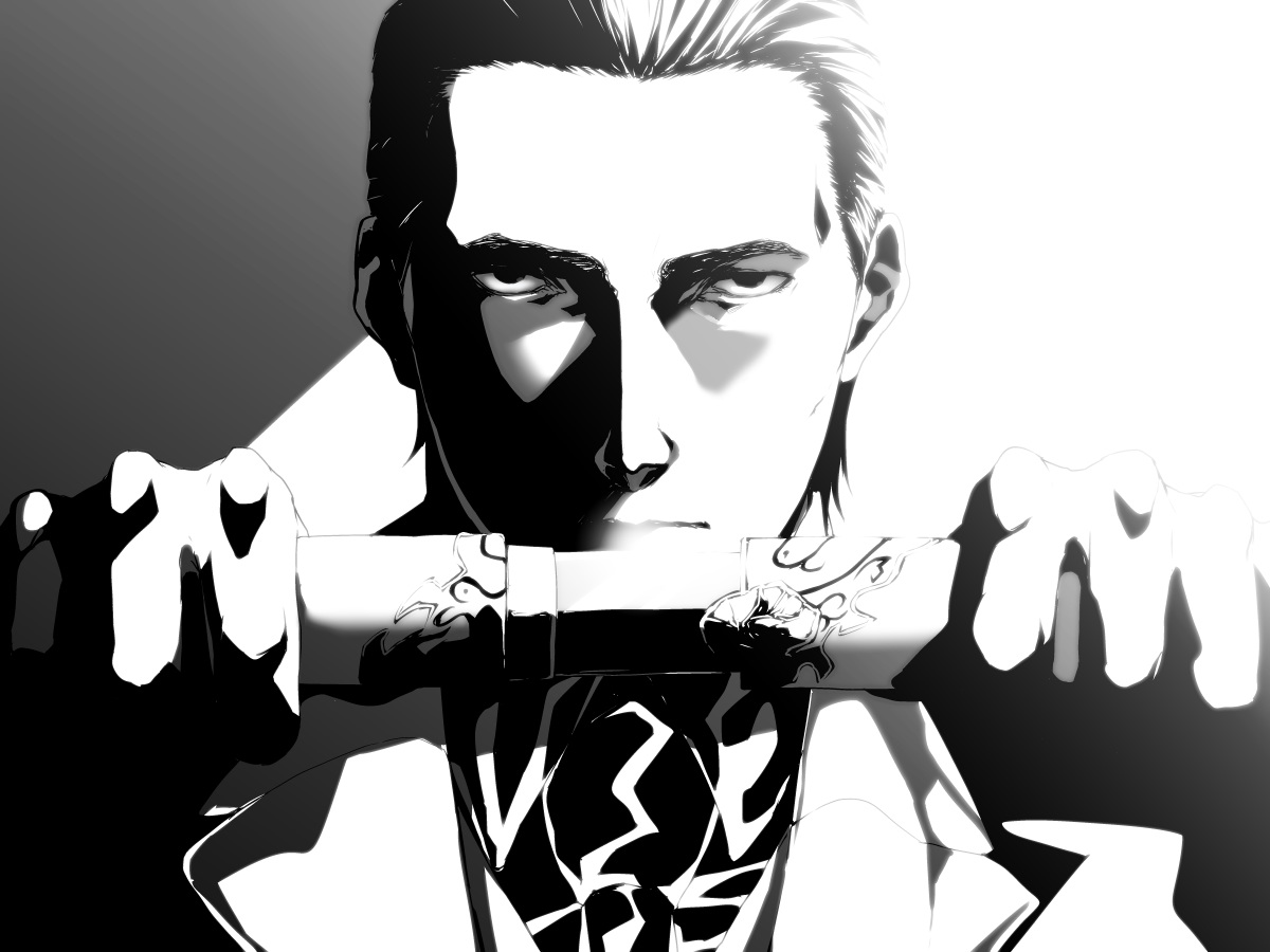 all_male, black_eyes, katana, male, monochrome, oonishi_keigo, short_hair, s_tanly, sword, texhnolyze, weapon