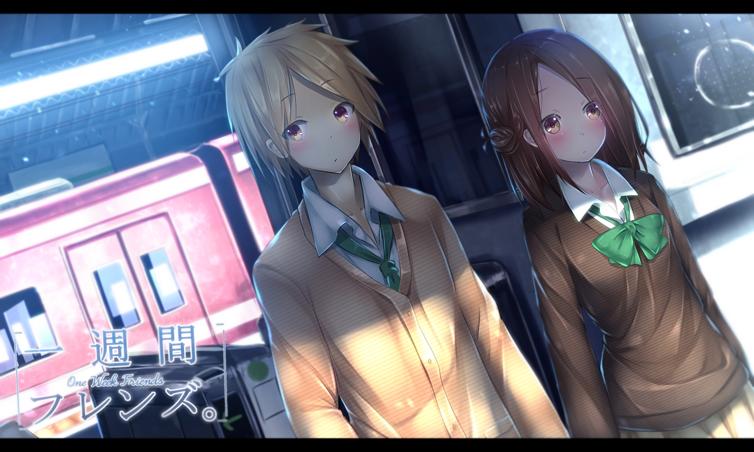 blonde_hair, blush, bow, brown_eyes, brown_hair, fujimiya_kaori, hase_yuuki, isshuukan_friends, logo, male, ryosios, school_uniform, short_hair, tie, train