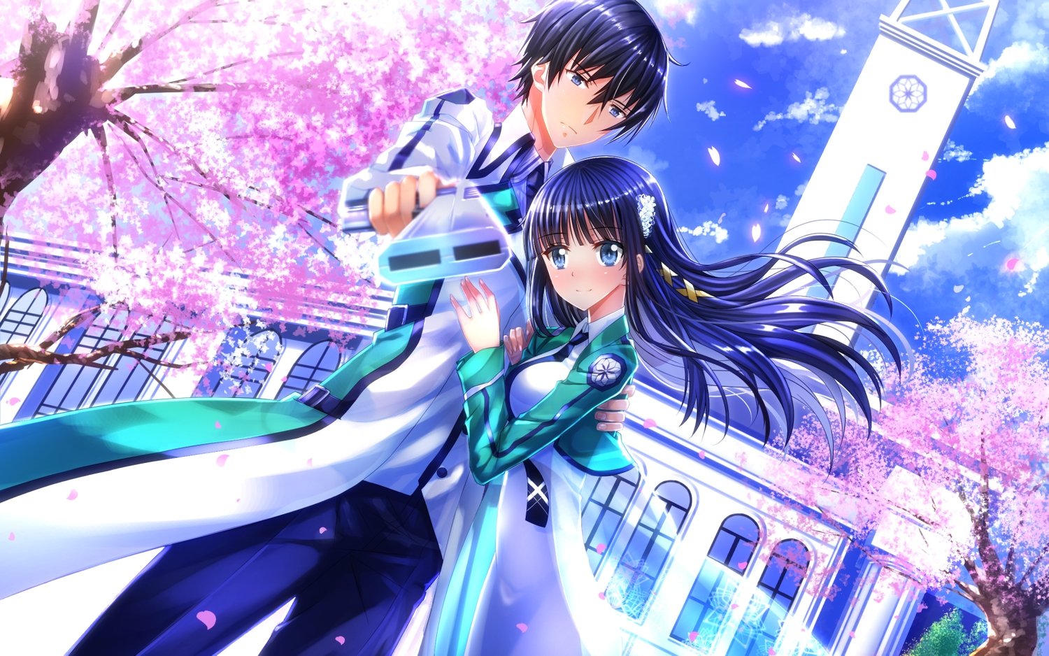 blue_eyes, blue_hair, building, cherry_blossoms, clouds, flowers, gun, long_hair, mahouka_koukou_no_rettousei, male, petals, school_uniform, shiba_miyuki, shiba_tatsuya, short_hair, sky, swordsouls, tree, weapon
